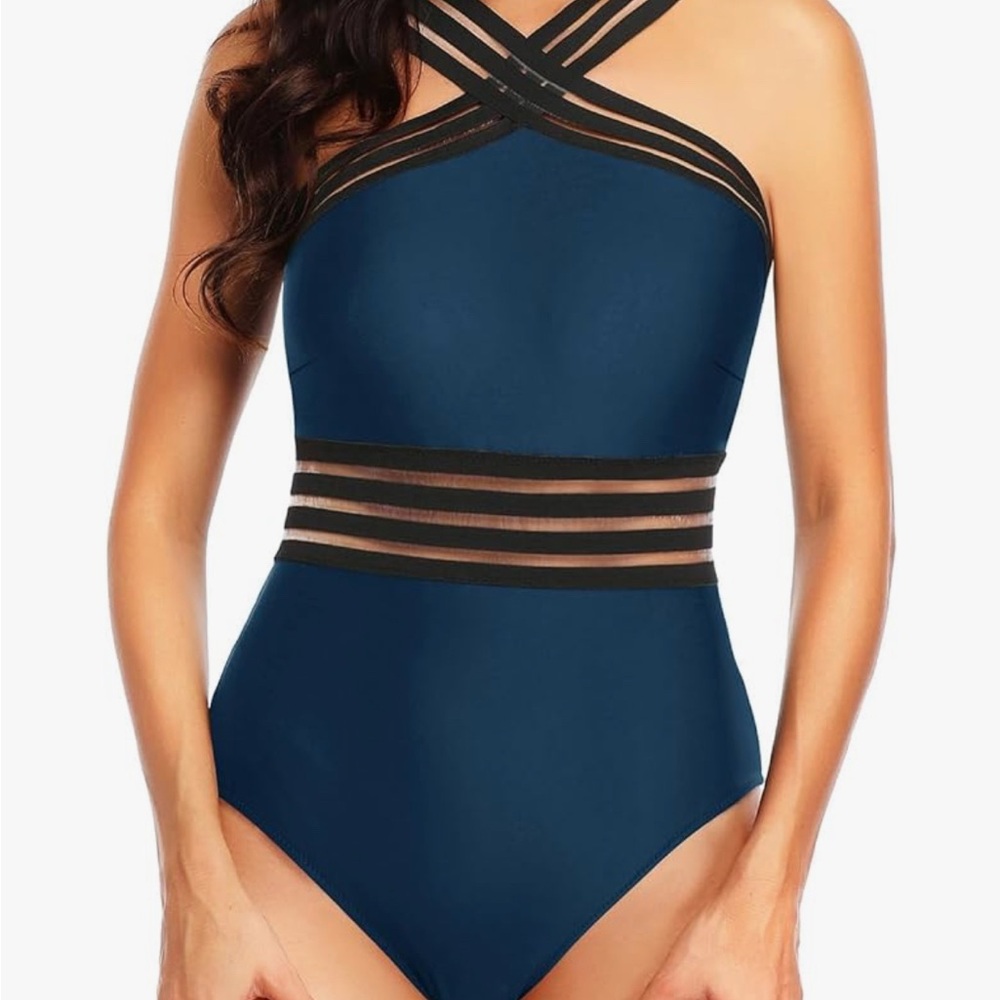 Elegant Navy Blue Halter Swimsuit